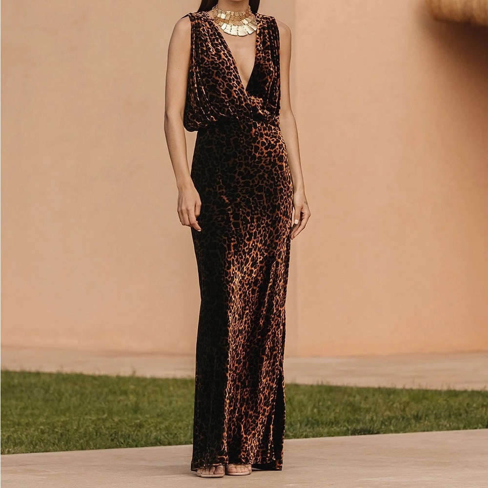Mes Demoiselles Travis Velvet Leopard Dress Womans Maxi Brown Size 36 XS NWOT